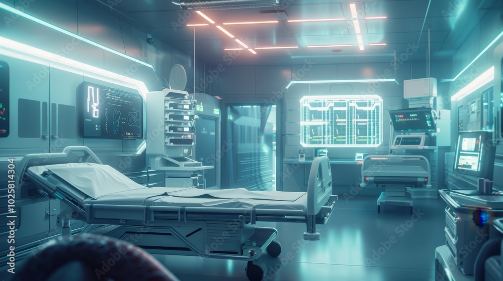 Futuristic hospital room with advanced medical equipment and glowing lights.