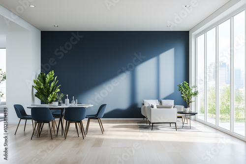 Modern Apartment Interior Design with Blue Wall and Minimalist Dining Room in 3D Rendering