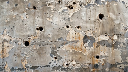 Weathered Concrete Wall with Bullet Holes and Cracked Paint