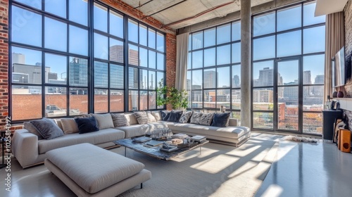 Modern loft living room with large sectional, minimalist decor, and city views through floor-to-ceiling windows