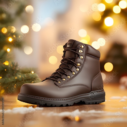 A stylish brown boot with a rugged design, featured in a cozy holiday setting with blurred lights and greenery.