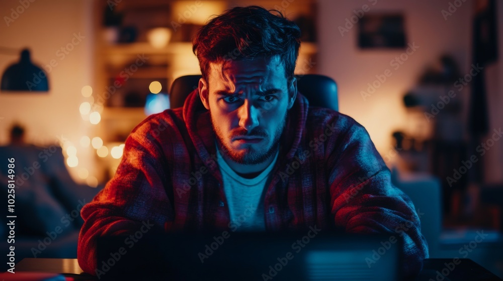 Man Focused on Computer Screen at Night Man Focused on Computer Screen at Night