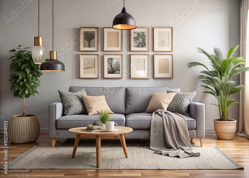 Modern Living Room with Grey Sofa and Cozy Decor Elements for Interior Design Inspiration