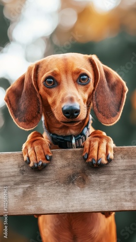  A tight shot of a dog resting its paws on a weathered wooden fence, gazing over the top of a worn-out plank photo