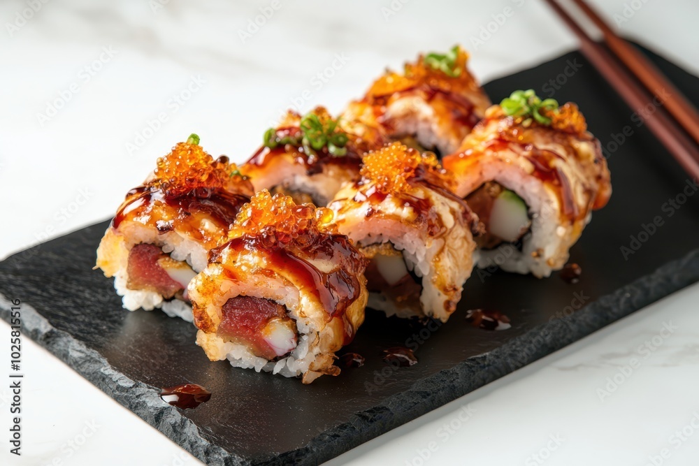 sushi with meat and sauce on a black plate sushi with meat and sauce on a black plate