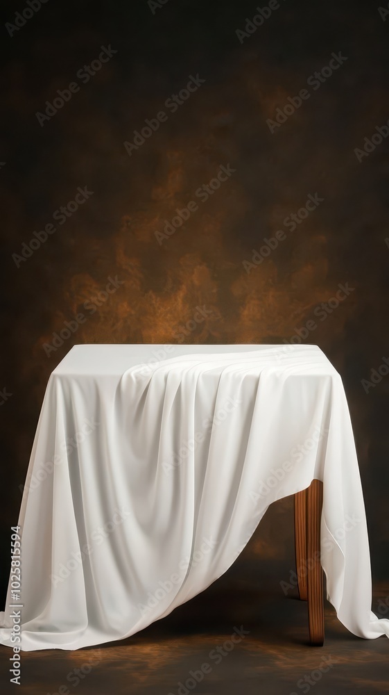 A table is elegantly draped with gossamer fabric, illuminated by soft A table is elegantly draped with gossamer fabric, illuminated by soft