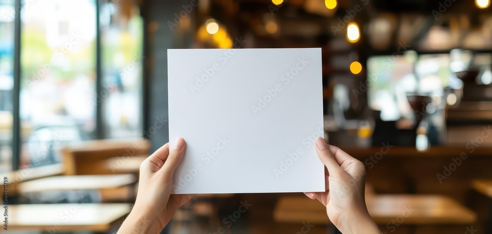 Blank white card held in front of a cafe background. Perfect for adding your message. Blank white card held in front of a cafe background. Perfect for adding your message.