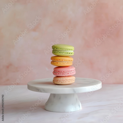 a stack of colorful macarons on a cake stand photo