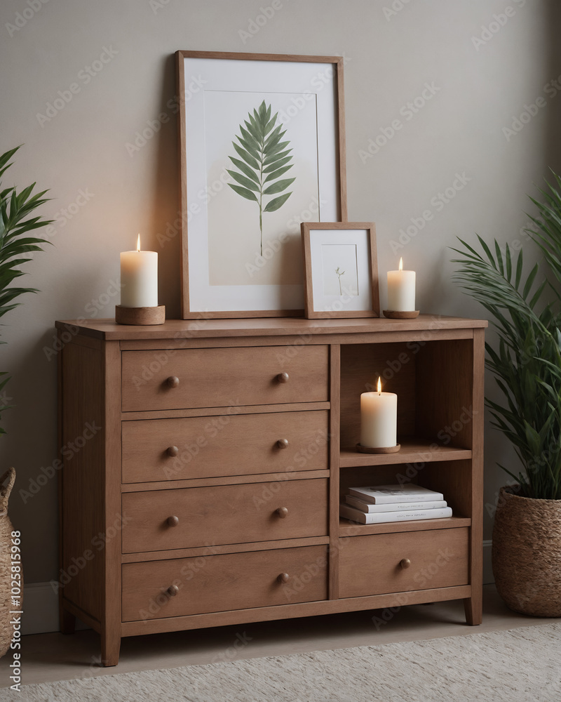 Fototapeta premium A modern interior featuring a wooden chest of drawers with a off-white colour wall illustration image.