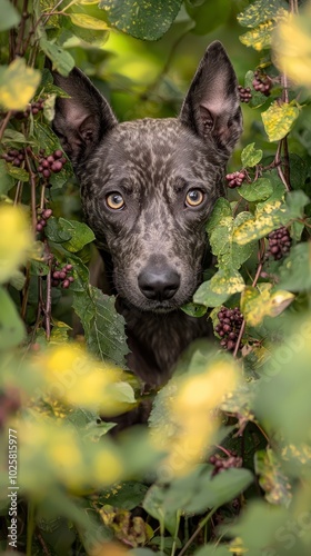  A dog's face, nose nearly touching leaves, emerges from bush bursting with ripe berries