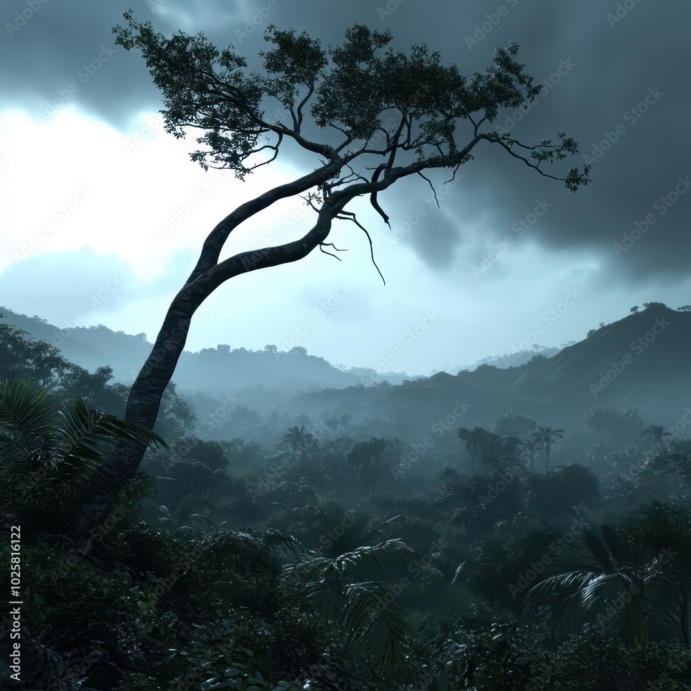 a tree in the middle of a forest with dark clouds a tree in the middle of a forest with dark clouds