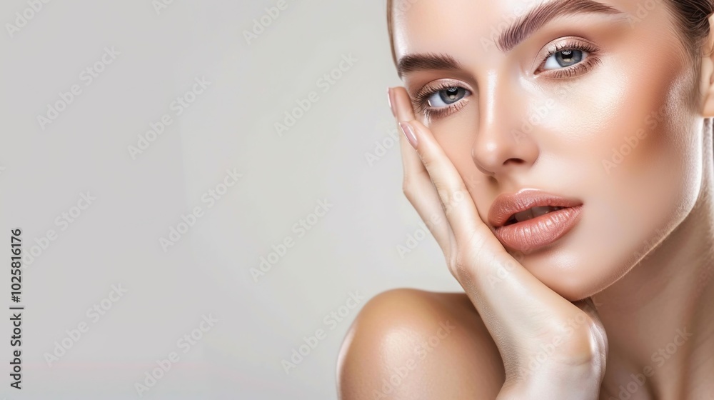 Naklejka premium skin care. Beautiful woman touching healthy facial skin portrait. Beautiful smiling Asian girl model with natural makeup, close-up on blue background, touching glowing hydrated skin