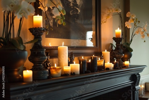 Luxury interior of room with fireplace, mirror and burning candles