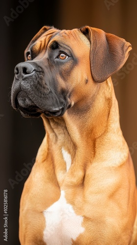  A dog's face with a brown and white patch against a black backdrop