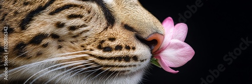  A tiger's face in tight focus, flowers held in toothy maw against a black backdrop photo