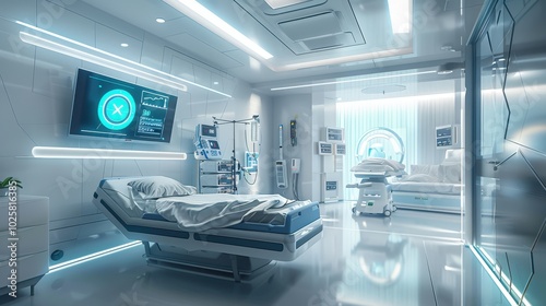 Modern hospital room with advanced medical equipment and bright lighting.