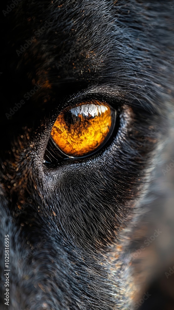 A tight shot of a dog's eye reveals a vivid yellow pupil within its iris A tight shot of a dog's eye reveals a vivid yellow pupil within its iris