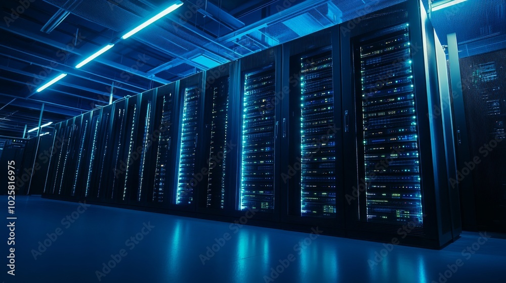 Modern Data Center with Blue Lighting