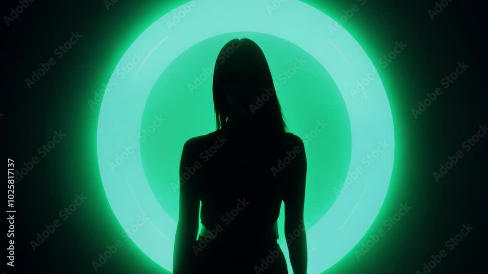 Mystical silhouette of woman against neon circle in futuristic green glow Mystical silhouette of woman against neon circle in futuristic green glow