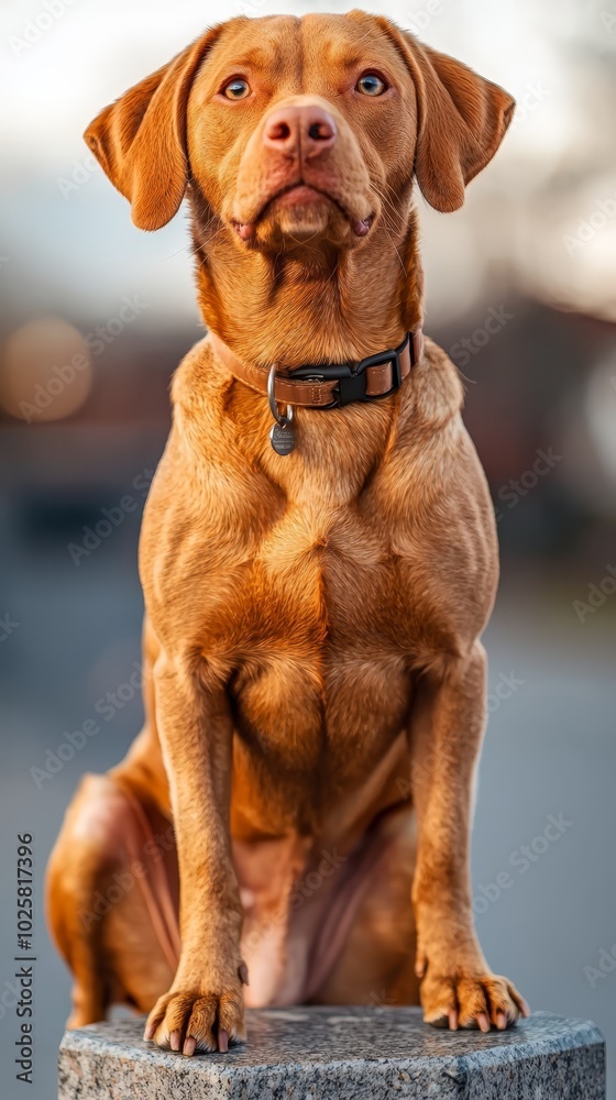 A tight shot of a dog perched on a cement slab, surrounded by a indistinct background consisting of a hazy scene and an ambiguous sky A tight shot of a dog perched on a cement slab, surrounded by a indistinct background consisting of a hazy scene and an ambiguous sky