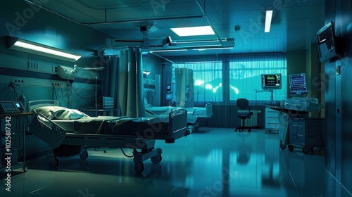 Modern hospital room with medical equipment and bright lighting. photo