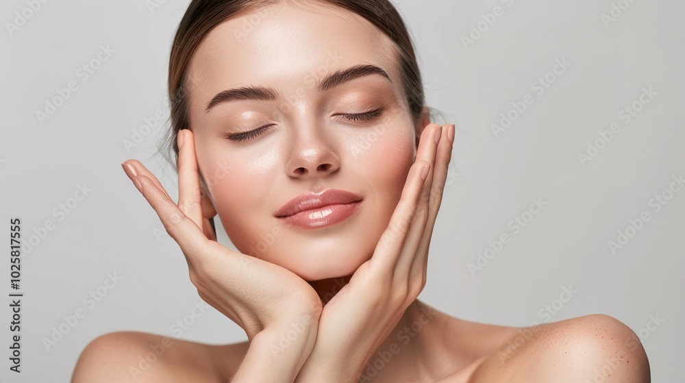 skin care. Beautiful woman touching healthy facial skin portrait. Beautiful smiling Asian girl model with natural makeup, close-up on blue background, touching glowing hydrated skin skin care. Beautiful woman touching healthy facial skin portrait. Beautiful smiling Asian girl model with natural makeup, close-up on blue background, touching glowing hydrated skin