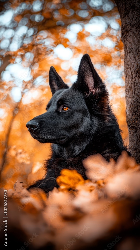 A tight shot of a dog next to a tree, its surroundings dotted with orange and yellow fallen leaves In front of the dog, an orange-yellow tree stands tall A tight shot of a dog next to a tree, its surroundings dotted with orange and yellow fallen leaves In front of the dog, an orange-yellow tree stands tall