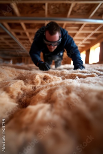 a man is laying on a carpeted floor in an attic