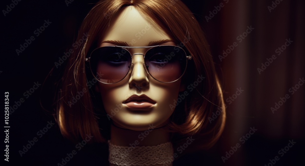 Mysterious mannequin head with stylish sunglasses in dark setting