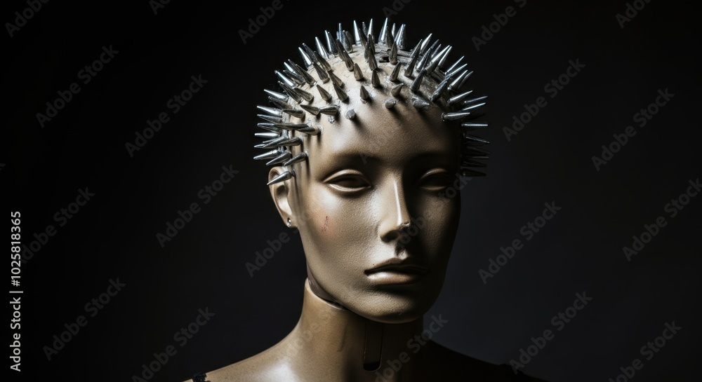 Dramatic mannequin head with spiked crown in shadow Dramatic mannequin head with spiked crown in shadow