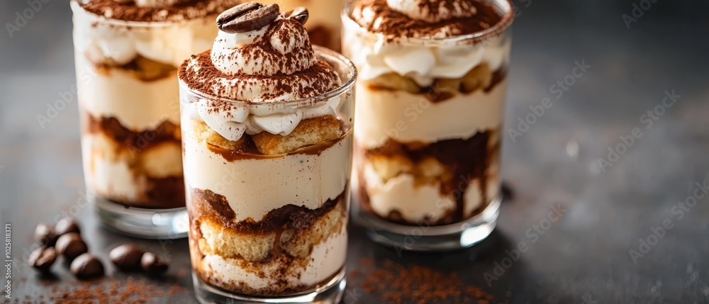 A tight shot of three desserts in a glass on the table Coffee beans and a dusting of cinnamon nearby A tight shot of three desserts in a glass on the table Coffee beans and a dusting of cinnamon nearby
