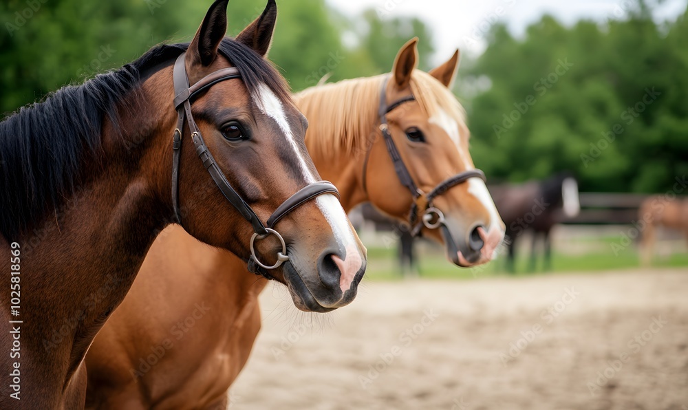 horses harnessed with copy space image , Generative AI horses harnessed with copy space image , Generative AI