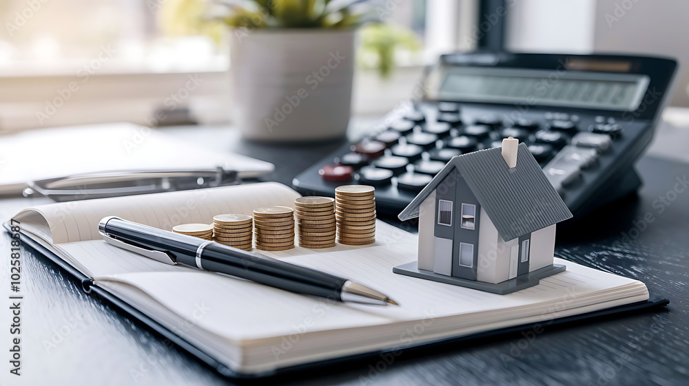tax day background,House model, house placed on a white surface, next to a calculator, a pencil, and some coins, symbolizing home finances, budgeting, or real estate planning. tax day background,House model, house placed on a white surface, next to a calculator, a pencil, and some coins, symbolizing home finances, budgeting, or real estate planning.