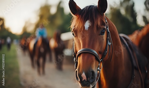 horses harnessed with copy space image , Generative AI