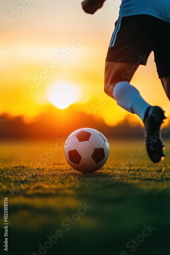 soccer player kicking ball at sunset photo