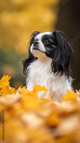  A small black-and-white dog sits atop a leaf pile in a forest of golden and orange autumn leaves