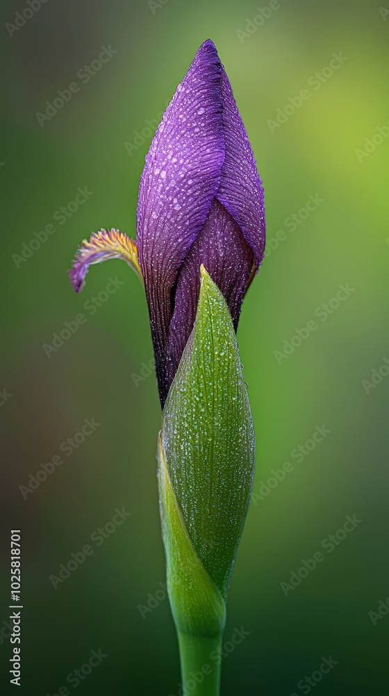 Obraz premium A tight shot of a purple bloom, petals speckled with water droplets, against a vaguely focused green stem