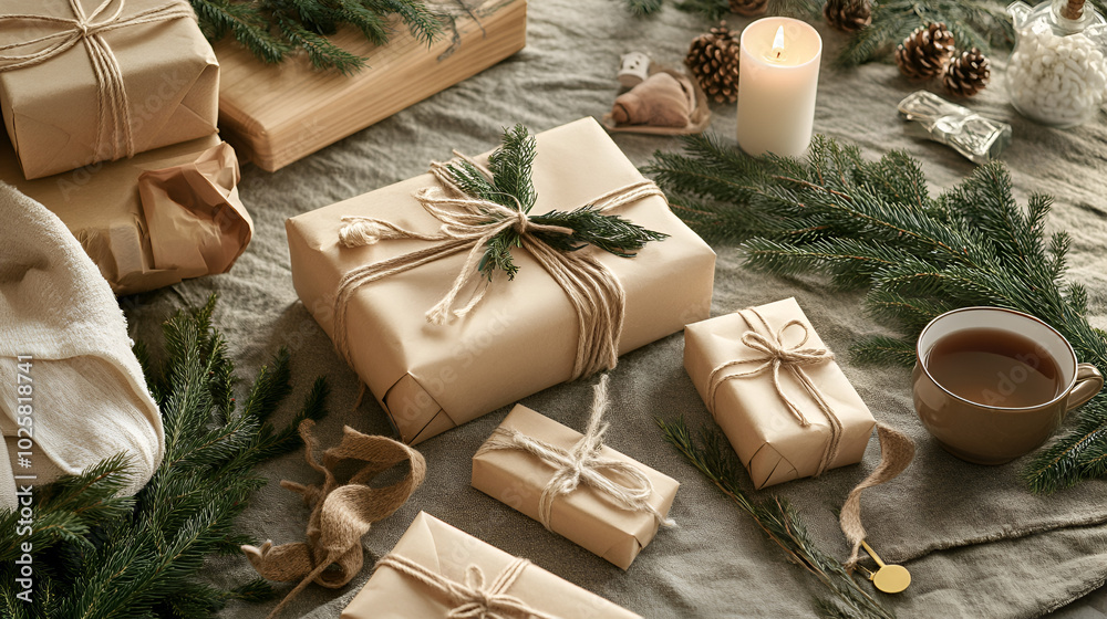 A workspace with wrapped gifts, ribbons, and pine branches A workspace with wrapped gifts, ribbons, and pine branches