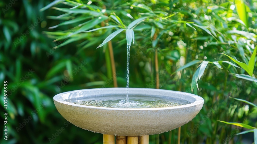 A serene garden scene features a stone basin with gently flowing water, surrounded by vibrant green bamboo. A serene garden scene features a stone basin with gently flowing water, surrounded by vibrant green bamboo.