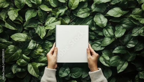 Blank white book mockup on green leaves background.