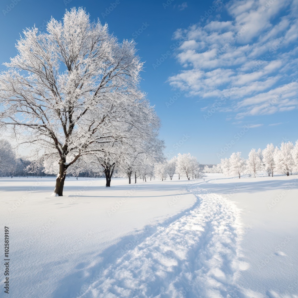 a snowy field with trees and a path a snowy field with trees and a path