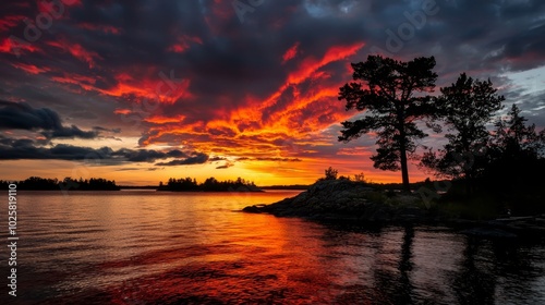  A sunset over a tranquil body of water with a tiny island and trees lining its opposite shore