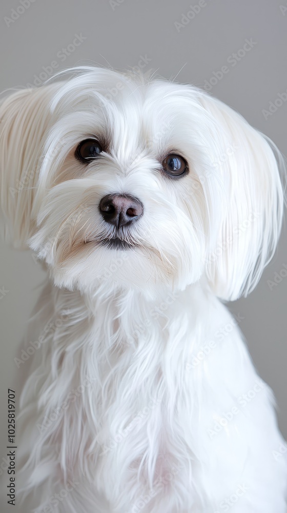 A tight shot of a small, white dog with a melancholic expression, gazing into the lens A tight shot of a small, white dog with a melancholic expression, gazing into the lens
