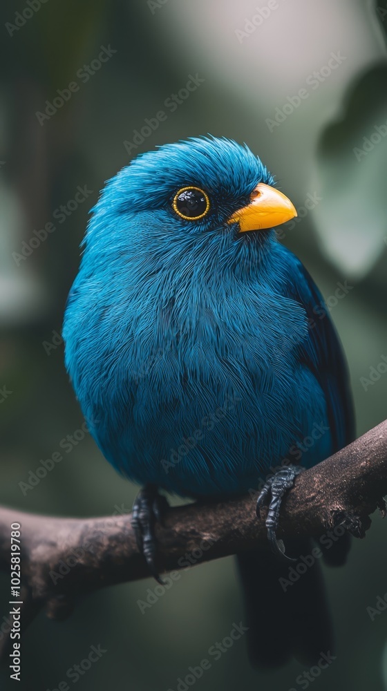  A small blue bird with a yellow beak perches on a branch against a blurred backdrop of autumnal leaves