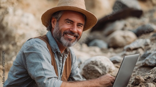 Man Working Outdoors on Laptop