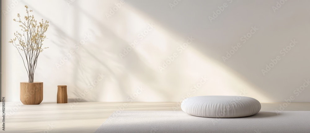 A serene, minimalist interior featuring a round cushion and potted plants, illuminated by soft, natural light. A serene, minimalist interior featuring a round cushion and potted plants, illuminated by soft, natural light.