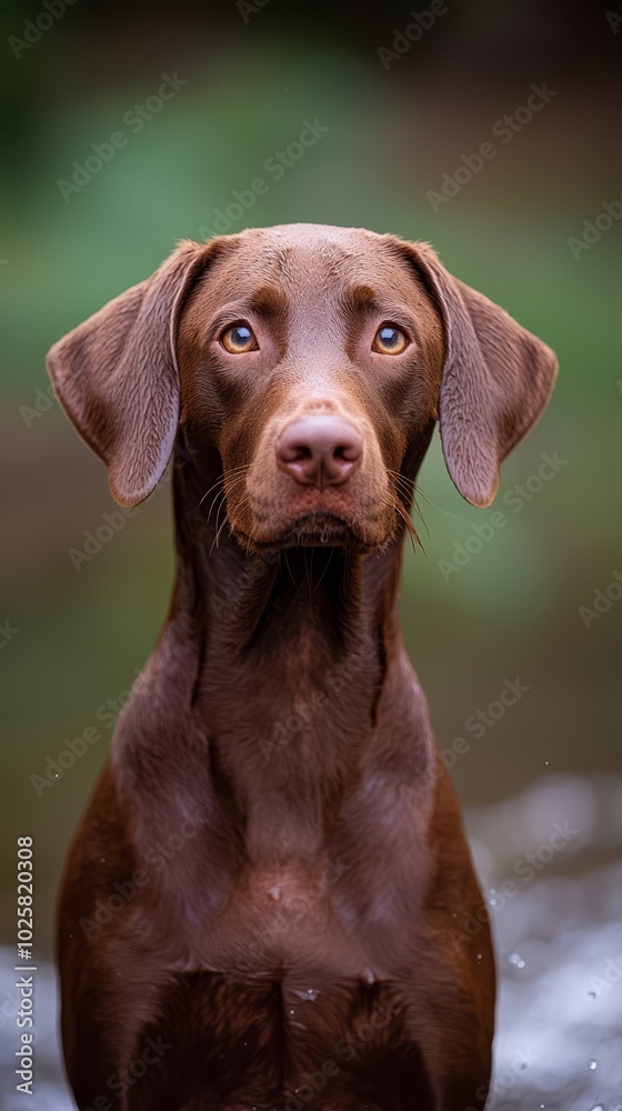 A brown dog sits atop a riverside, adjacent to a lush, green grassy field dotted with trees in the background A brown dog sits atop a riverside, adjacent to a lush, green grassy field dotted with trees in the background