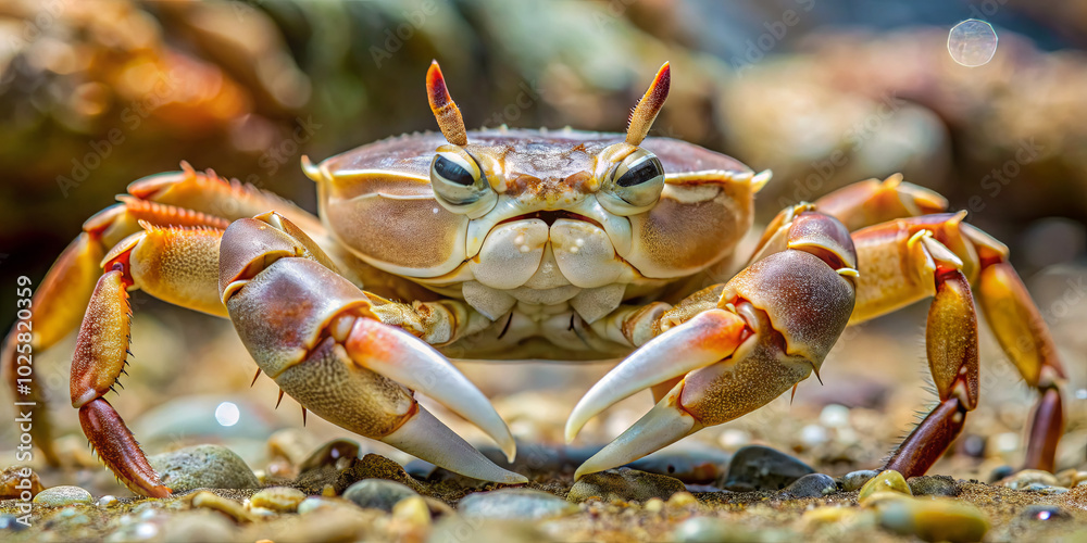 The crab displays its formidable claws while perched on a sandy surface among pebbles, enjoying the warm sunlight during low tide near the shore The crab displays its formidable claws while perched on a sandy surface among pebbles, enjoying the warm sunlight during low tide near the shore