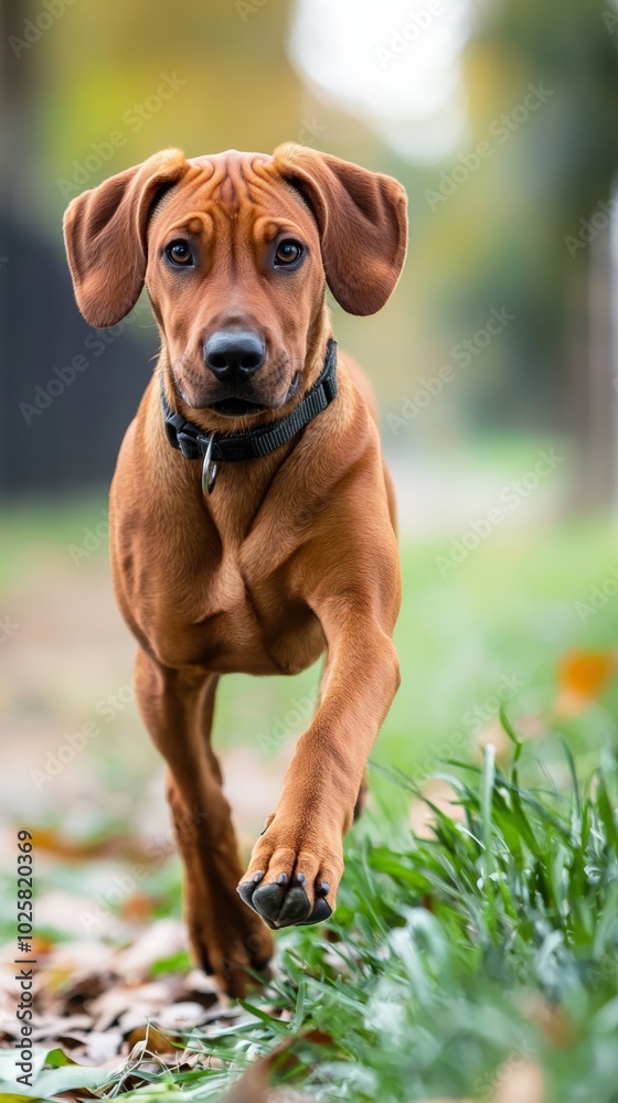 A tight shot of a dog dashing through a lush grassy expanse, scattered with fallen leaves and framed by trees in the backdrop A tight shot of a dog dashing through a lush grassy expanse, scattered with fallen leaves and framed by trees in the backdrop