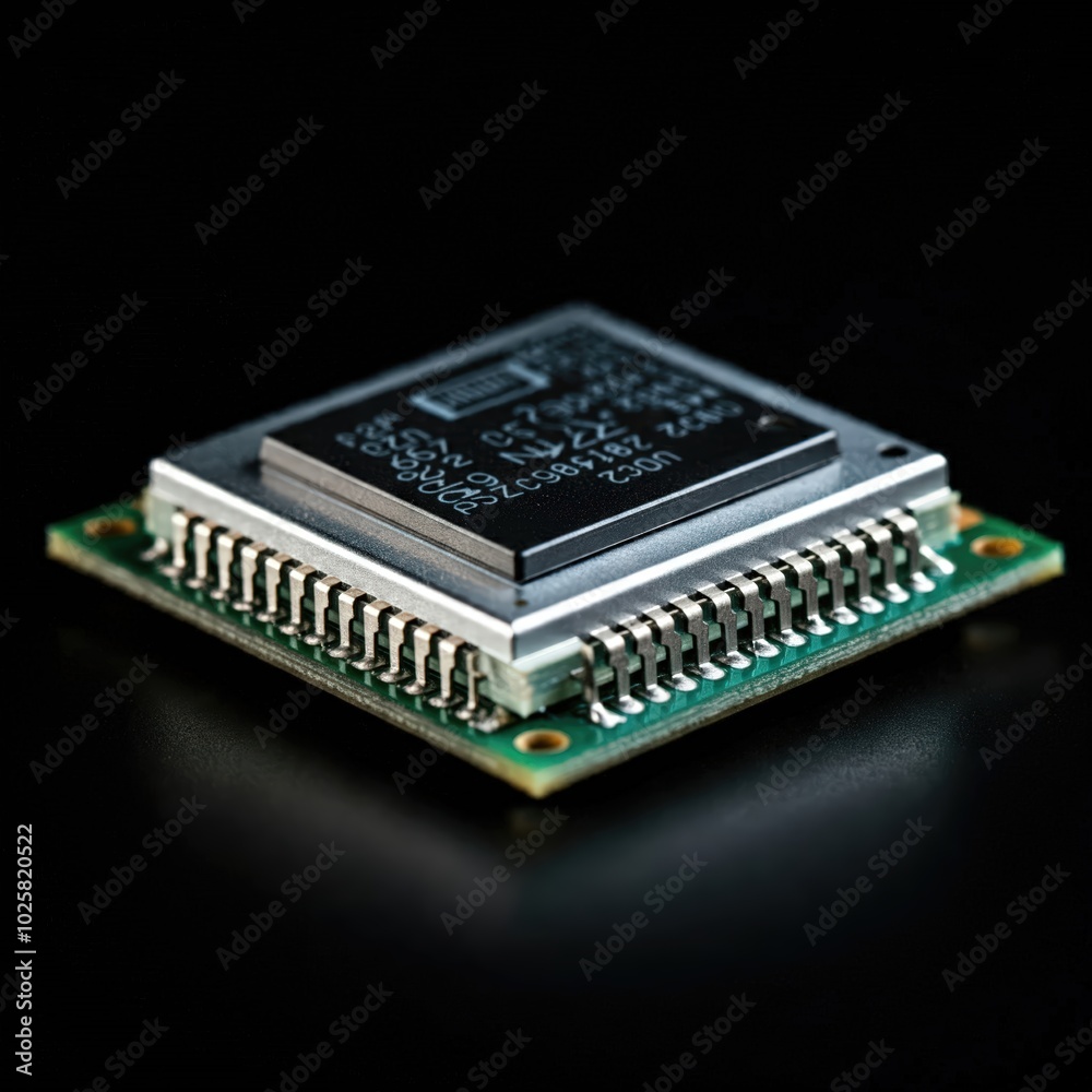 Close-Up of Advanced Microchip on Black Background Close-Up of Advanced Microchip on Black Background